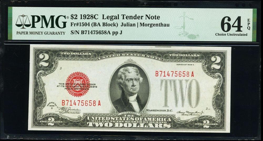 Fr.1504, 1928C $2 Legal Tender Note, vCh.CU, PMG-64 EPQ